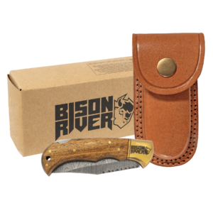 Bison River Wood Folding Knife With Damascus Steel Blade